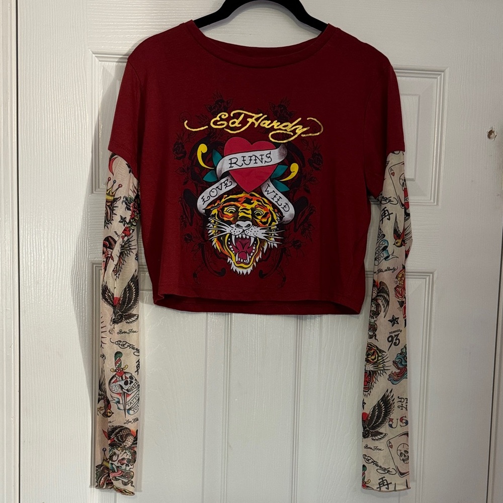 Ed Hardy Wine Tiger Graphic Crop Top w Sheer Tattoo Sleeves Sz Large